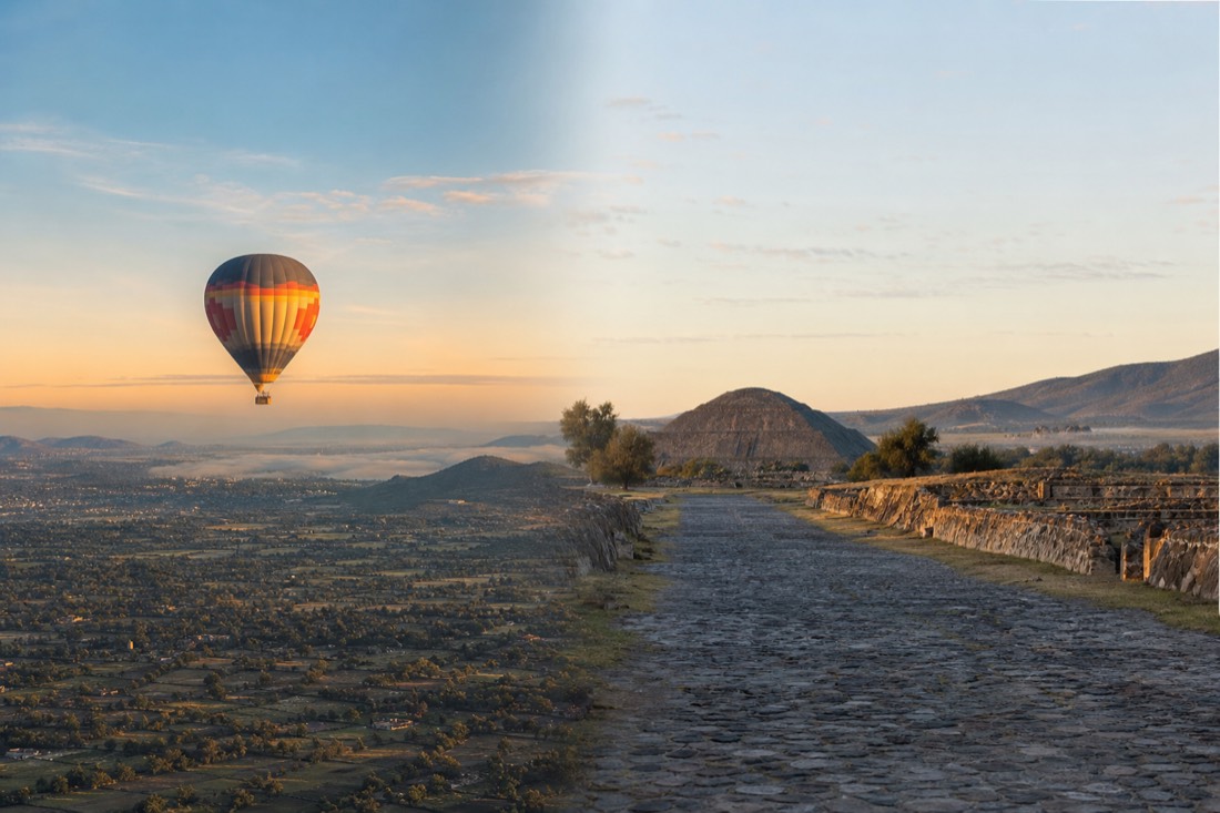 A split view of a balloon aloft and the same valley seen from ground level