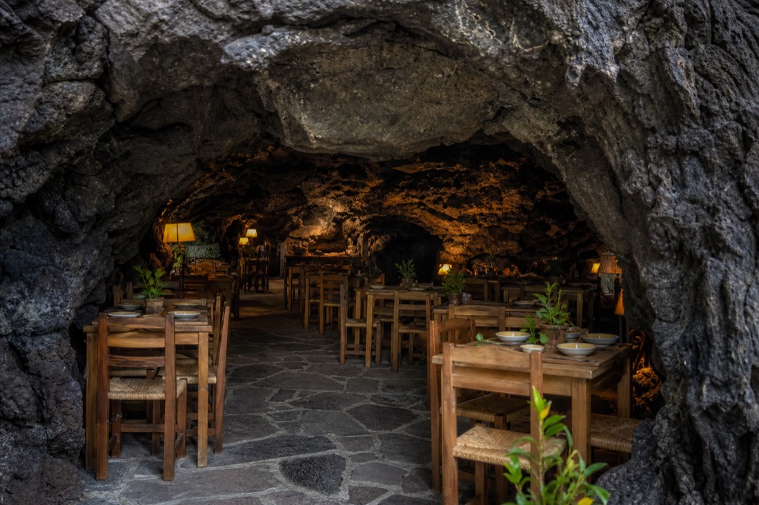 A wide interior view into the La Gruta cave restaurant from its entrance