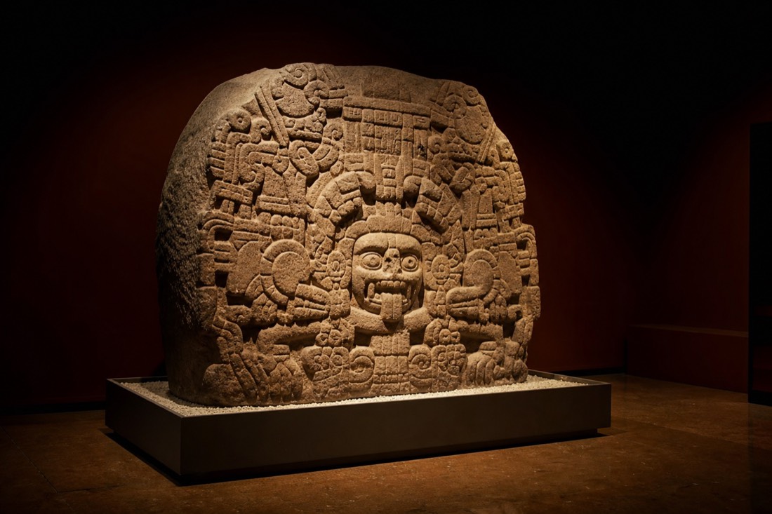 A carved stone Mesoamerican artefact on a museum plinth under a spotlight