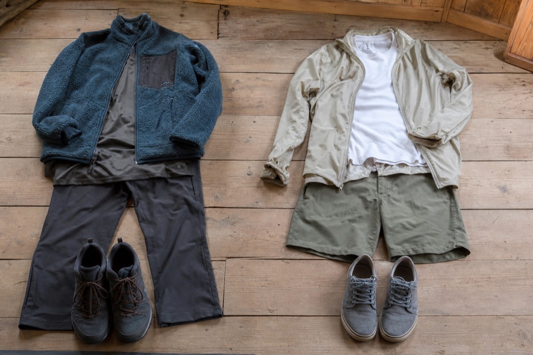 Two contrasting seasonal outfit sets laid out with closed flat shoes